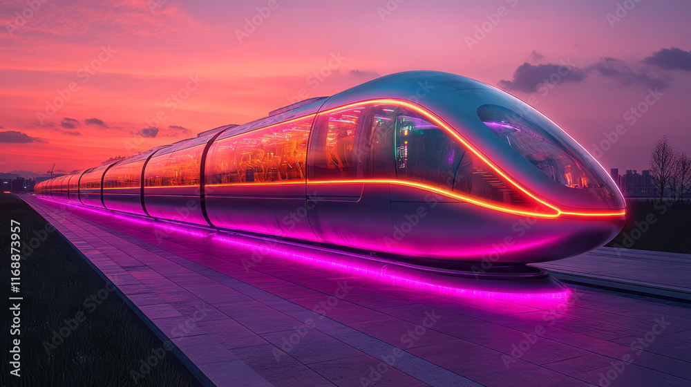 Naklejka premium A futuristic glowing train powered by renewable kinetic energy,