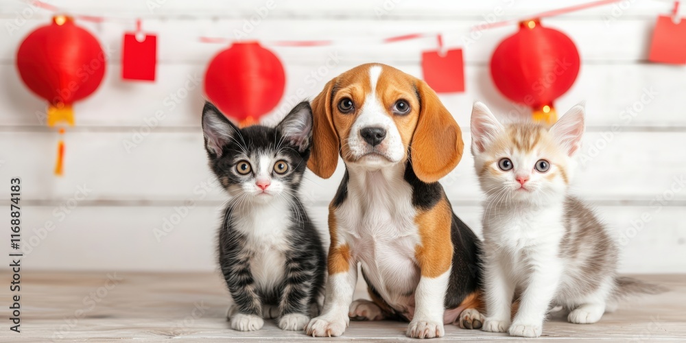 Obraz premium A playful beagle puppy sits between two adorable kittens, set against a festive backdrop with red lanterns.
