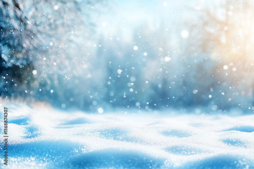 Snowy winter landscape with sparkling sunlight and falling snowflakes in a serene natural setting Snowy winter landscape with sparkling sunlight and falling snowflakes in a serene natural setting