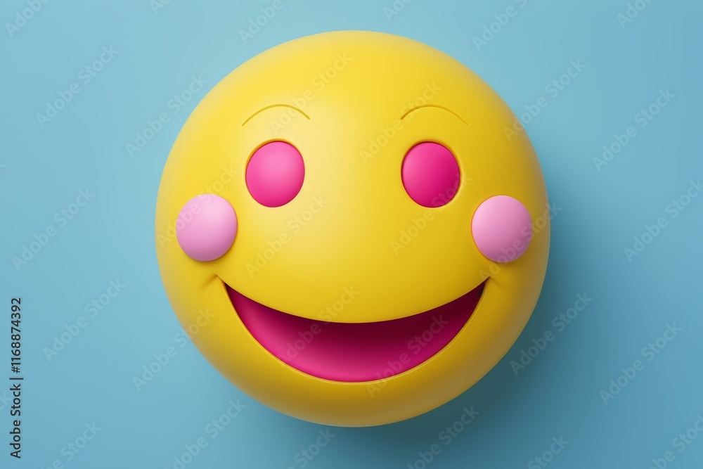Fototapeta premium yellow smiley face with pink eyes and pink cheeks on a blue background