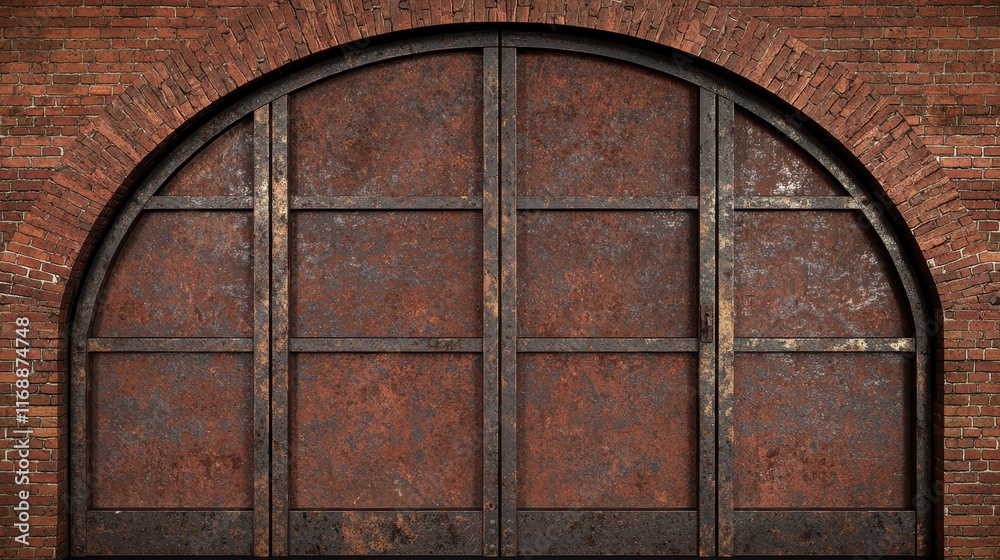 Fototapeta premium Rusty Industrial Arch Door on Weathered Brick Wall Background