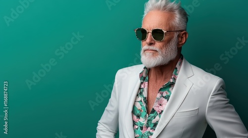 A confident senior gentleman exudes charm and style in a chic outfit, showcasing a modern approach to elder fashion against a refreshing background. photo