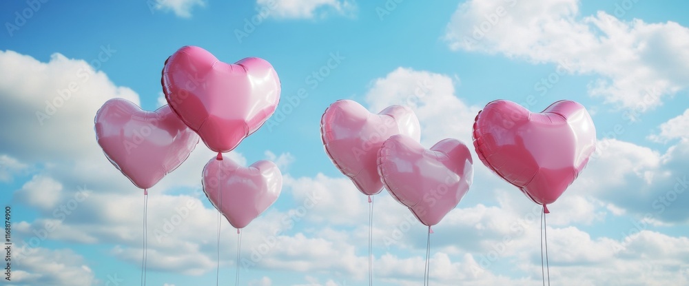 Colorful heart-shaped balloons float gently against a cloudy blue sky, evoking feelings of joy and celebration Colorful heart-shaped balloons float gently against a cloudy blue sky, evoking feelings of joy and celebration