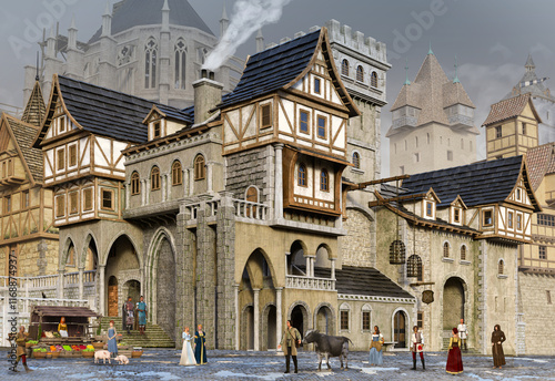 European medieval or fantasy town square scenery on a foggy day