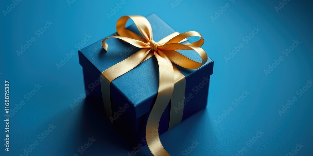 A luxuriously wrapped present, a deep blue box adorned with a golden ribbon, sits elegantly on a matching blue surface. A luxuriously wrapped present, a deep blue box adorned with a golden ribbon, sits elegantly on a matching blue surface.