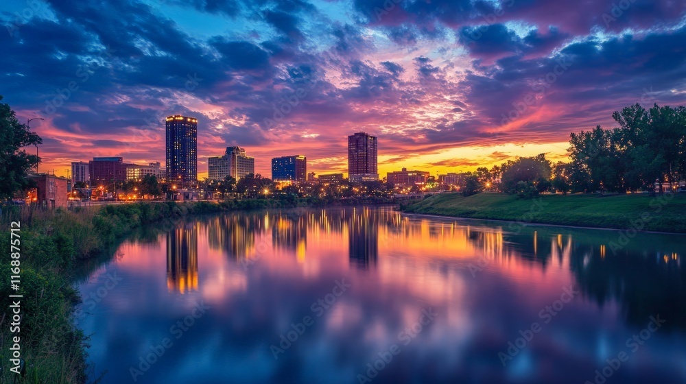 Fototapeta premium Stunning sunset over city skyline reflecting in river urban landscape evening serenity peaceful atmosphere