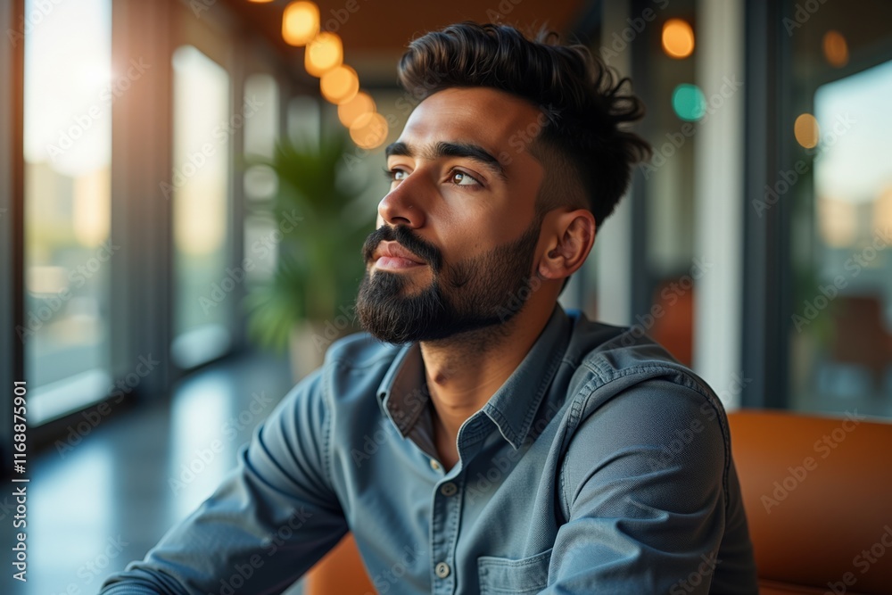 Obraz premium Confident Young Man in Blue Shirt Looking Upward in Modern Office Setting, Perfect for Business and Inspirational Stock Photography