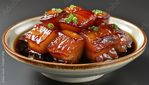 Delicious Braised Pork Belly in Hong Shao Sauce with Green Onions Garnish photo