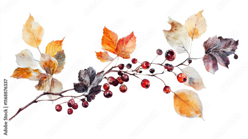 Fototapeta premium Watercolor Painting Showcasing an Autumn Arrangement of Dry Leaves and Berries in Warm Colors and Delicate Details