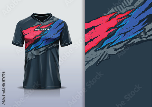 T-shirt mockup abstract texture grunge texture sport jersey design for football, soccer, racing, esports, running, in red blue black color