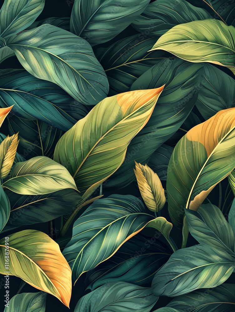 custom made wallpaper toronto digitallush, dark green leaves, highlighting their vivid texture and natural beauty. The leaves overlap, creating a rich, tropical feel with vibrant contrast and a sense of depth.