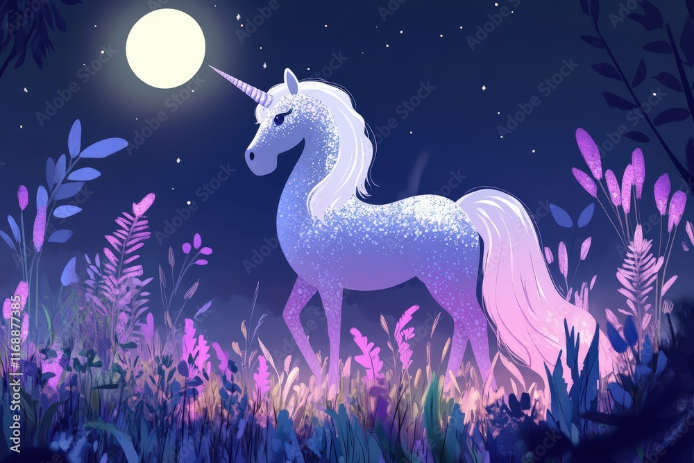 Fototapeta premium Magical Unicorn in Moonlight Night Meadow