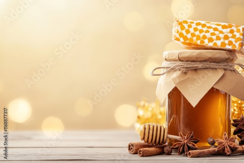 A jar of dark honey placed next to spices like cinnamon and cloves, suggesting a rich, warming flavor photo