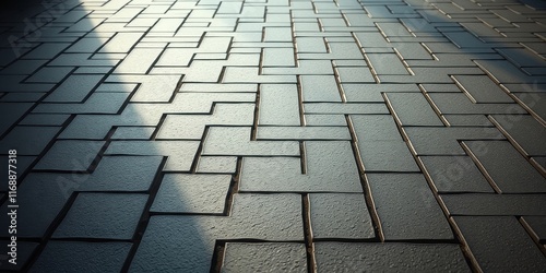 Textured paving stone surface illuminated by sunlight creating shadows across the pattern