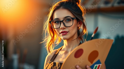 Warm golden hour light portrait of a stylish female artist with glasses, holding a palette and paintbrush, vibrant complementary colors, contrasting yet balanced tones