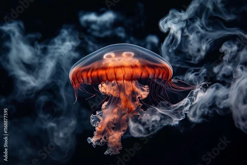 Fototapeta A jellyfish pulsating in an aquarium tank, with its graceful motion creating ripples in the water