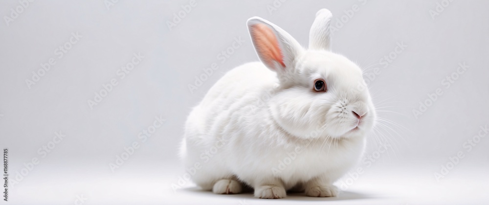 Fototapeta premium A fluffy white rabbit sitting on a pristine white background, gazing forward with curiosity