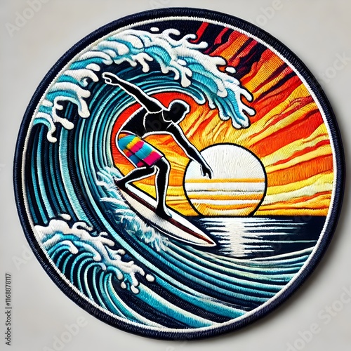 Embroidered-style patch featuring a surfer riding a large ocean wave, set against a vibrant sunset with clouds and warm tones.