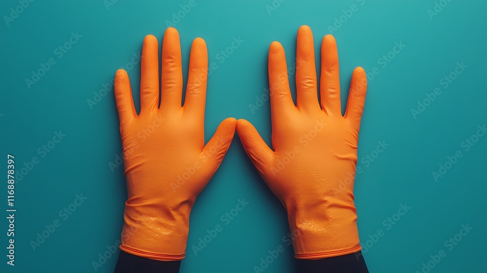 Two orange rubber gloves on teal background. Two orange rubber gloves on teal background.