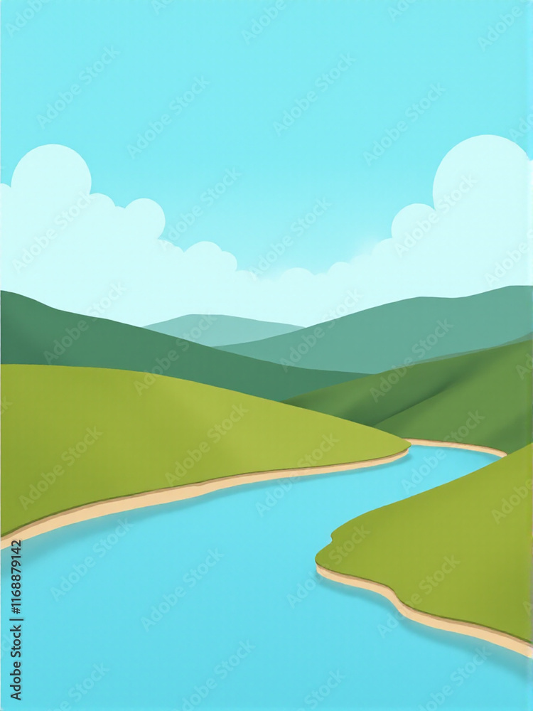 Obraz premium Stylized landscape featuring rolling green hills and a serene river under a bright blue sky.