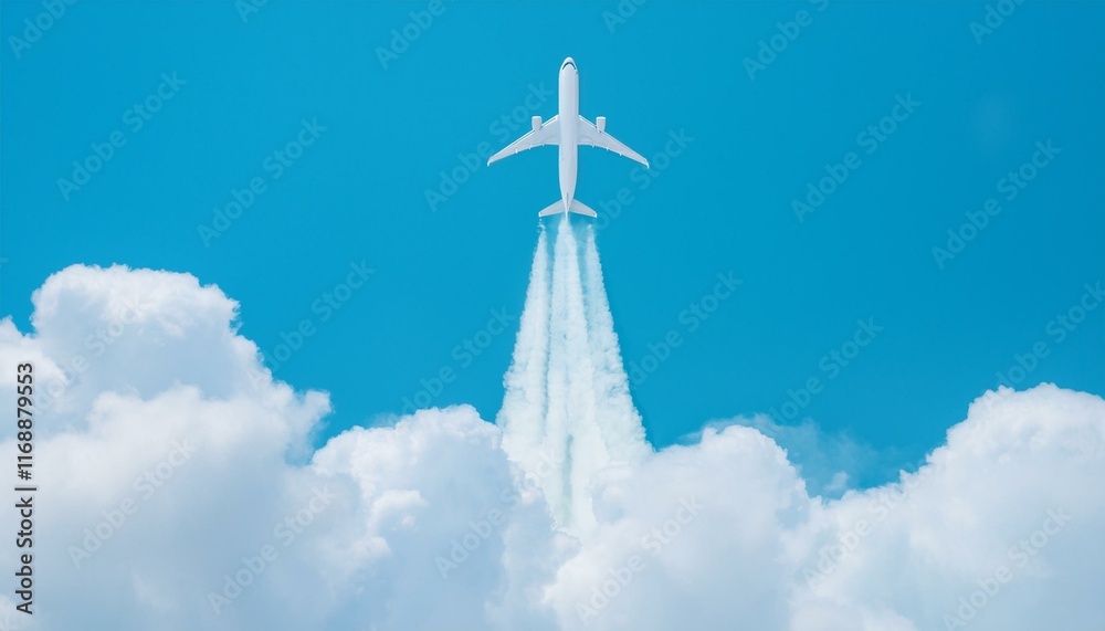 A scene where an airplane cuts through the clouds and flies through the sky