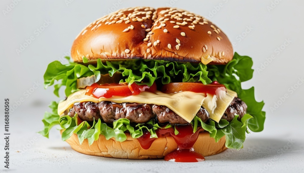 Freshly Made Cheeseburger with Lush Lettuce and Melting Cheese on a White Background Freshly Made Cheeseburger with Lush Lettuce and Melting Cheese on a White Background