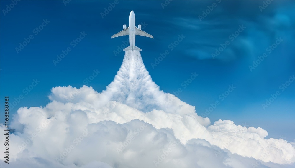 A scene where an airplane cuts through the clouds and flies through the sky A scene where an airplane cuts through the clouds and flies through the sky