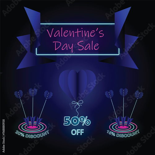 Neon Valentine’s Day Sale Banner Set with neon text, 15% off, 20% off, 50% off, harts, targets, arrows and sale simbols with stylish navy blue elements for Digital and Retail Marketing