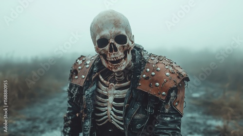 A gothic skeleton adorned with a spiked leather jacket stands ominously against a foggy backdrop, symbolizing rebellion, mortality, and the darker sides of human emotion. photo