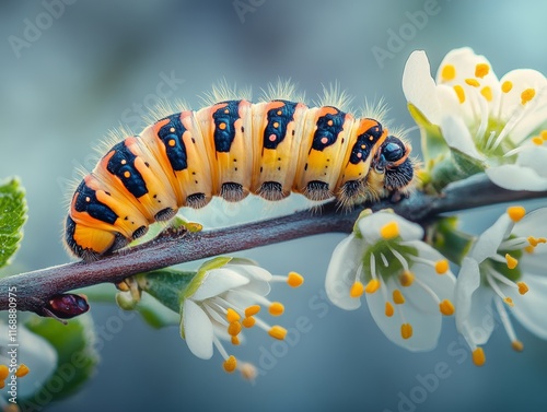 A vivid macro shot of a yellow caterpillar on a budding branch, surrounded by the fresh greens and blooms of spring season