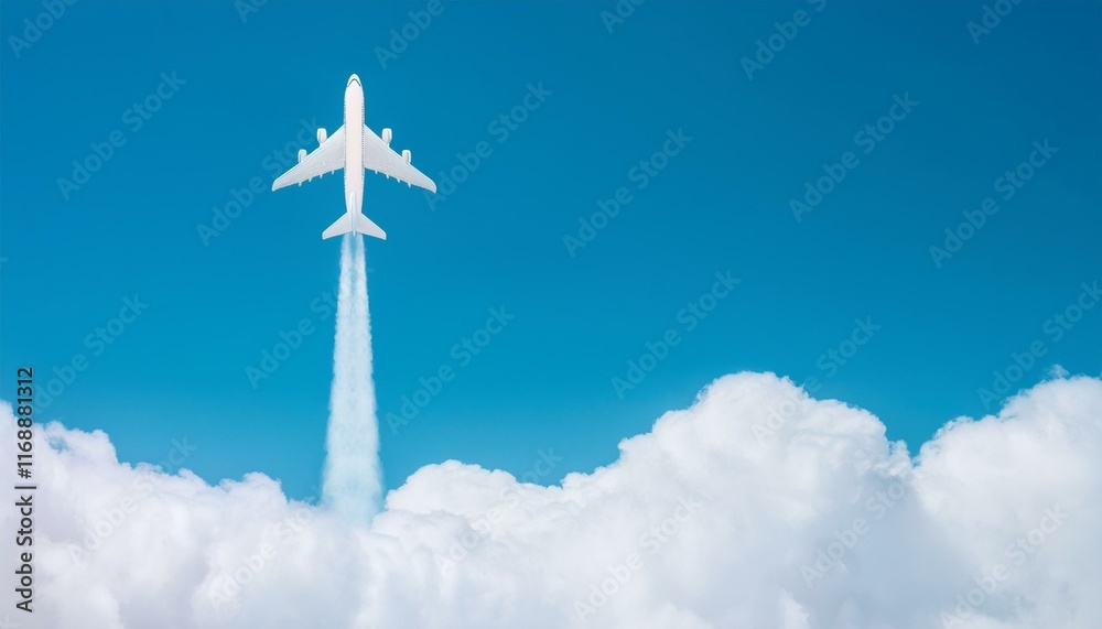 A scene where an airplane cuts through the clouds and flies through the sky A scene where an airplane cuts through the clouds and flies through the sky