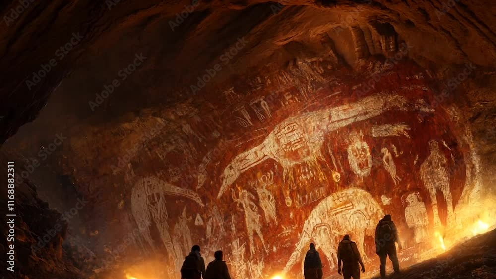 A group of explorers illuminated by torchlight discovers stunning ancient cave art etched and painted on stone walls. The scene captures the mystique of human history, archaeology, and the untold 