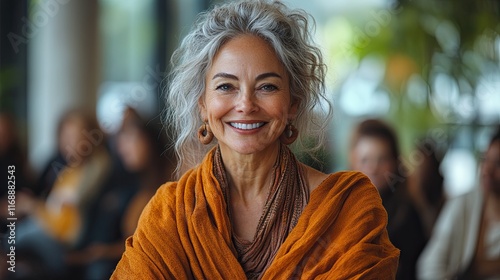 Wallpaper Mural A mature woman with gray hair and a warm smile looks directly at the camera in a close-up portrait.  She is wearing an orange shawl and has a blurred background with other people. Torontodigital.ca