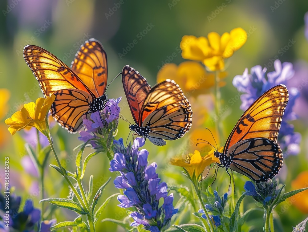 A close-up of a vibrant butterfly perched on a blooming flower during spring season A close-up of a vibrant butterfly perched on a blooming flower during spring season