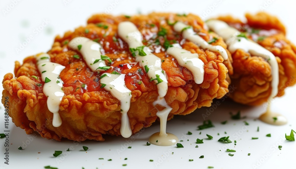 Delicious Fried Chicken Steak with Drizzled Sauce and Fresh Herbs on White Background Delicious Fried Chicken Steak with Drizzled Sauce and Fresh Herbs on White Background