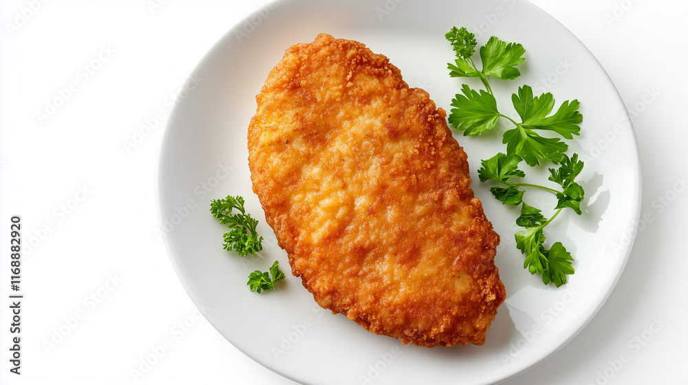 Golden Veal Schnitzel with Parsley on White Plate Golden Veal Schnitzel with Parsley on White Plate