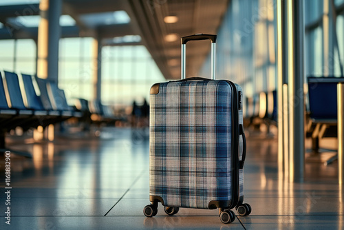 Stylish suitcases in a waiting area at bustling airport terminal, gleaming under warm morning sunlight, creating a vibrant and inviting medium view that captures excitement of travelers embarking photo