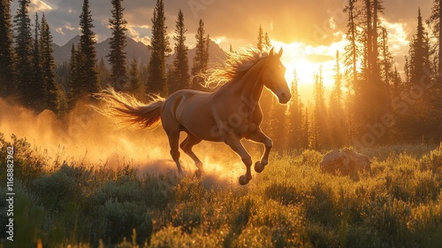 Majestic palomino horse galloping across a sun-drenched meadow at sunset, kicking up dust. photo