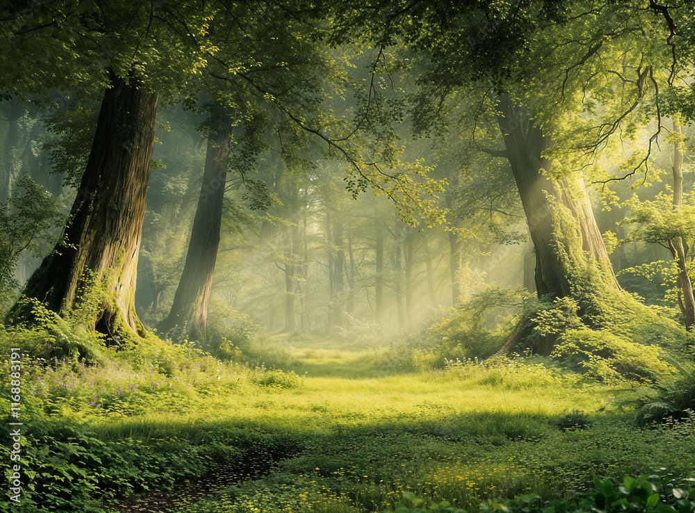 a serene forest scene with tall, old trees covered in moss and lush green foliage. Sunlight filters through the canopy, casting a warm glow and creating a tranquil, peaceful atmosphere. a serene forest scene with tall, old trees covered in moss and lush green foliage. Sunlight filters through the canopy, casting a warm glow and creating a tranquil, peaceful atmosphere.