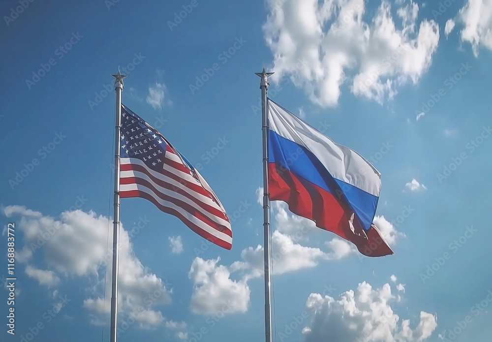 American and Russian Flags Side by Side Representing International Unity American and Russian Flags Side by Side Representing International Unity