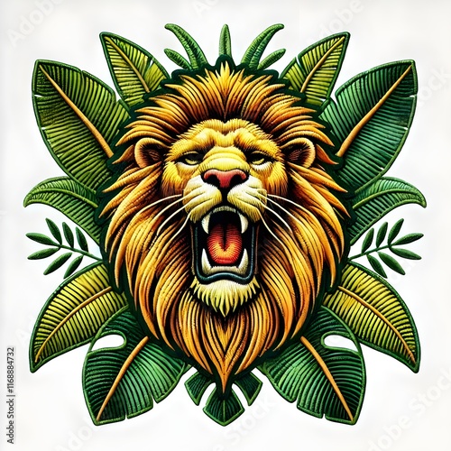 Bold embroidered-style patch featuring a roaring lion's head surrounded by lush green tropical leaves in a vibrant jungle theme. photo