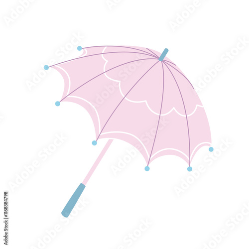 Pink umbrella for protection from rainy weather and sun. Classic accessory. Cozy vintage umbrella