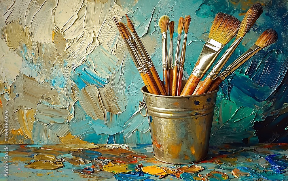 Fototapeta premium Paintbrushes in metallic bucket on textured canvas.