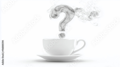 A teacup with steam forming the shape of a question mark, Pure White Background