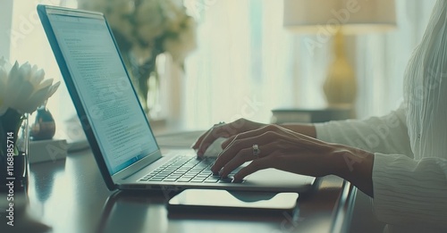 Inside a home office, a woman types on her laptop, conducting research or networking for a freelance project. Her remote work setup allows her to write emails, reports, or online reviews concerning a