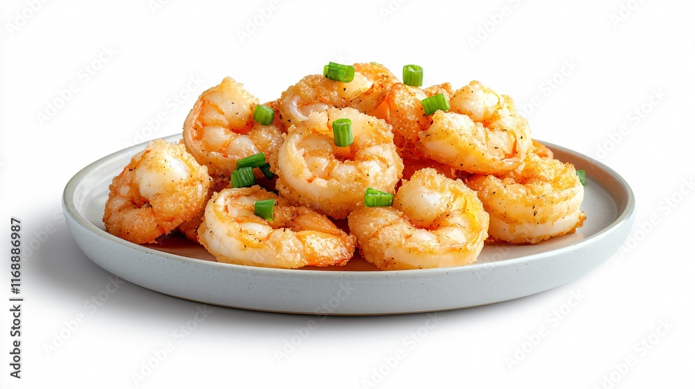 Chinese New Year. Delicious shrimp dish garnished with green onions on a white plate. Chinese New Year. Delicious shrimp dish garnished with green onions on a white plate.
