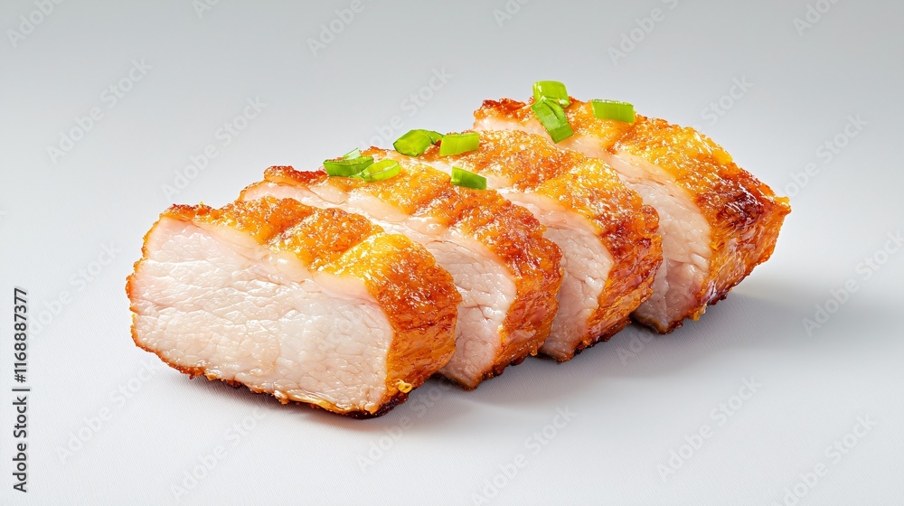 Chinese New Year. Crispy sliced pork with green onion garnish on a plain background. Chinese New Year. Crispy sliced pork with green onion garnish on a plain background.