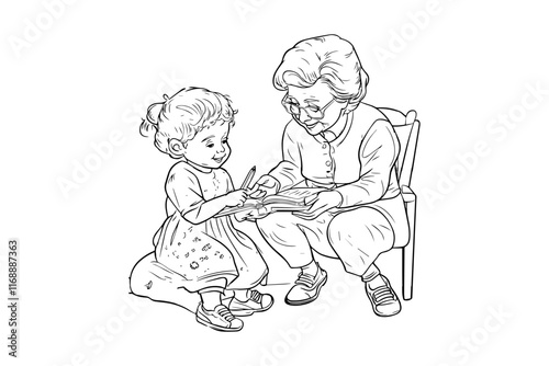 Grandmother teaching her little granddaughter for kids coloring book for comics.