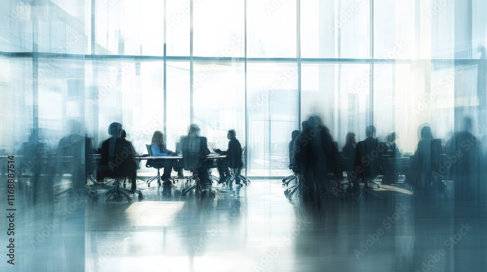 Blurry image of a business meeting in a modern office setting with large windows and natural light. Suitable for corporate and business themes Blurry image of a business meeting in a modern office setting with large windows and natural light. Suitable for corporate and business themes