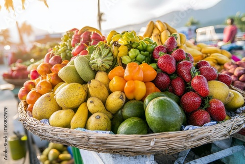 A vibrant market scene in Kingston, with stalls selling fresh tropical fruits, spices, and handmade crafts photo